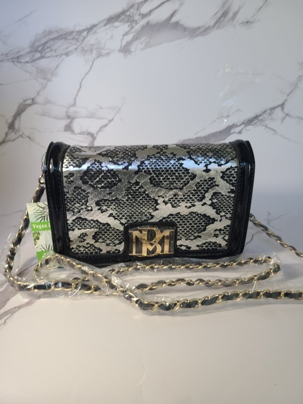 Badgley Mischka Silver Snake-Print Small Crossbody with Black Trim